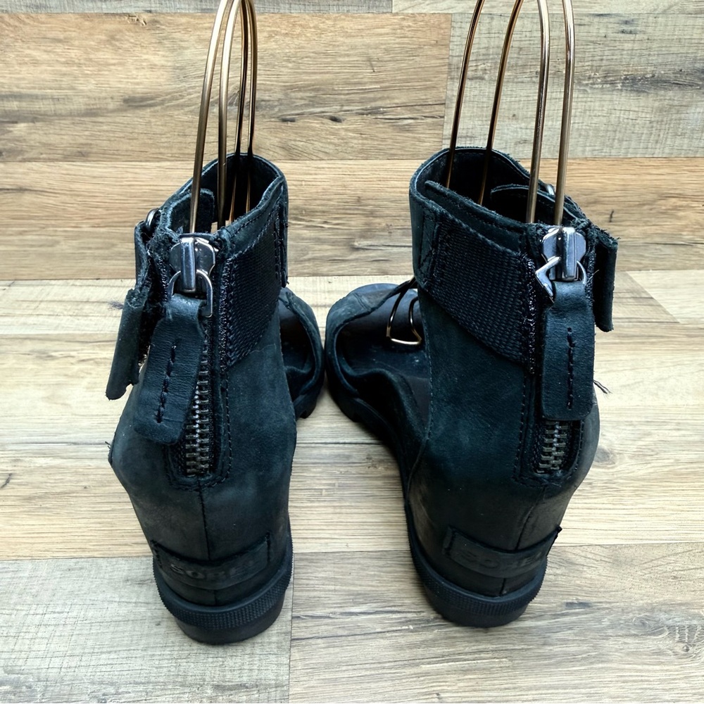 Sorel Wedges Women's size  8 Joanie Black Leather Espadrille Sandals Shoes - Picture 3 of 8